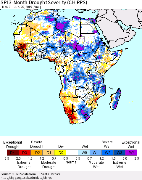 Africa SPI 3-Month Drought Severity (CHIRPS) Thematic Map For 3/21/2019 - 6/20/2019