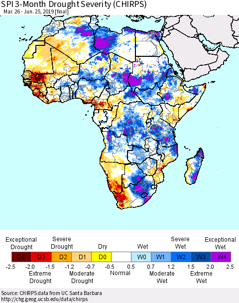 Africa SPI 3-Month Drought Severity (CHIRPS) Thematic Map For 3/26/2019 - 6/25/2019