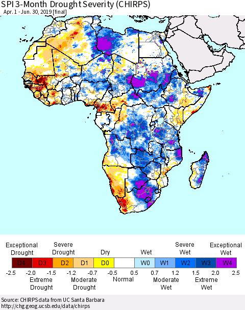 Africa SPI 3-Month Drought Severity (CHIRPS) Thematic Map For 4/1/2019 - 6/30/2019