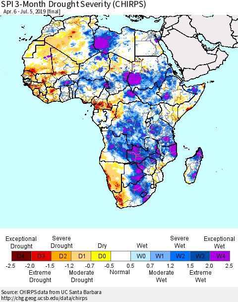 Africa SPI 3-Month Drought Severity (CHIRPS) Thematic Map For 4/6/2019 - 7/5/2019