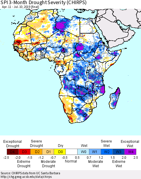 Africa SPI 3-Month Drought Severity (CHIRPS) Thematic Map For 4/11/2019 - 7/10/2019