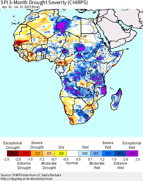 Africa SPI 3-Month Drought Severity (CHIRPS) Thematic Map For 4/16/2019 - 7/15/2019