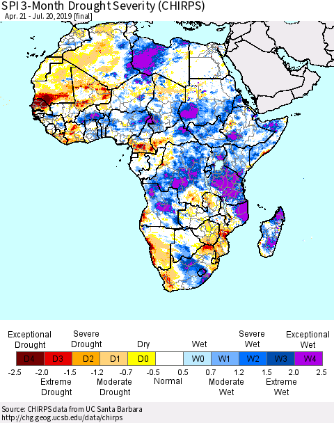 Africa SPI 3-Month Drought Severity (CHIRPS) Thematic Map For 4/21/2019 - 7/20/2019