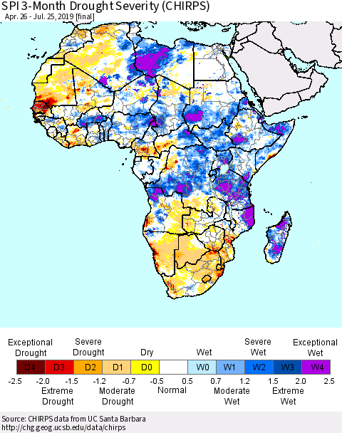 Africa SPI 3-Month Drought Severity (CHIRPS) Thematic Map For 4/26/2019 - 7/25/2019