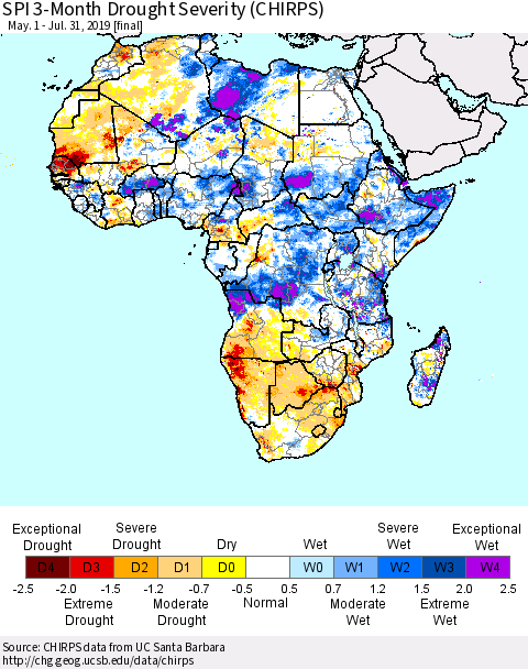 Africa SPI 3-Month Drought Severity (CHIRPS) Thematic Map For 5/1/2019 - 7/31/2019