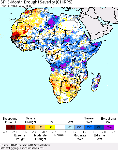 Africa SPI 3-Month Drought Severity (CHIRPS) Thematic Map For 5/6/2019 - 8/5/2019
