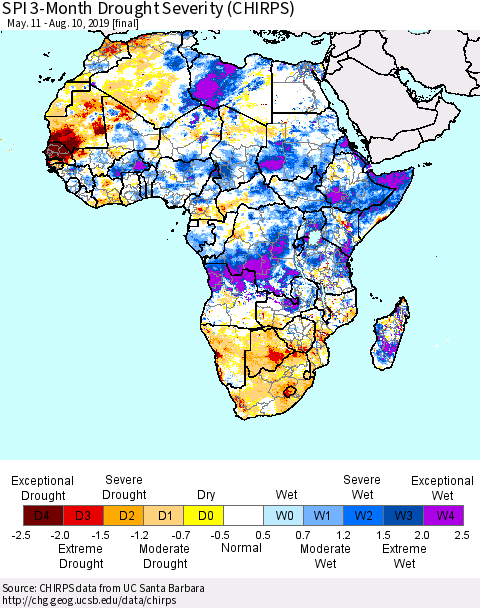 Africa SPI 3-Month Drought Severity (CHIRPS) Thematic Map For 5/11/2019 - 8/10/2019