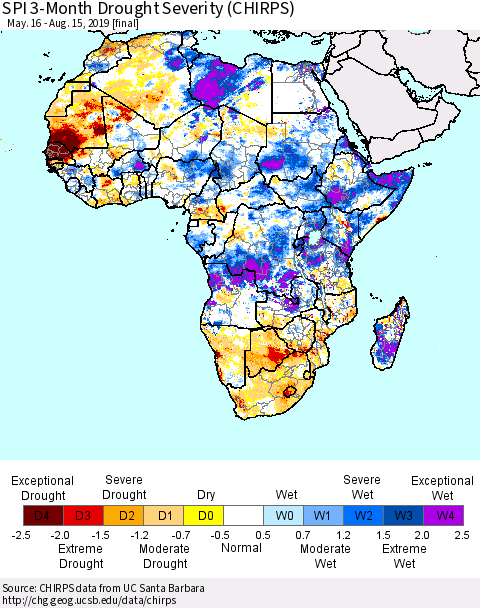 Africa SPI 3-Month Drought Severity (CHIRPS) Thematic Map For 5/16/2019 - 8/15/2019