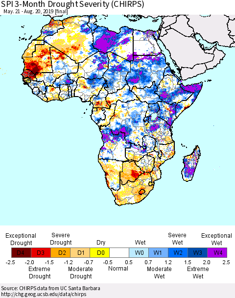 Africa SPI 3-Month Drought Severity (CHIRPS) Thematic Map For 5/21/2019 - 8/20/2019