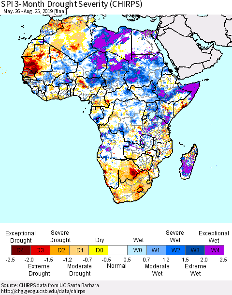 Africa SPI 3-Month Drought Severity (CHIRPS) Thematic Map For 5/26/2019 - 8/25/2019