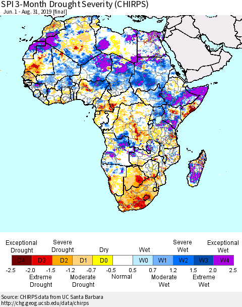 Africa SPI 3-Month Drought Severity (CHIRPS) Thematic Map For 6/1/2019 - 8/31/2019
