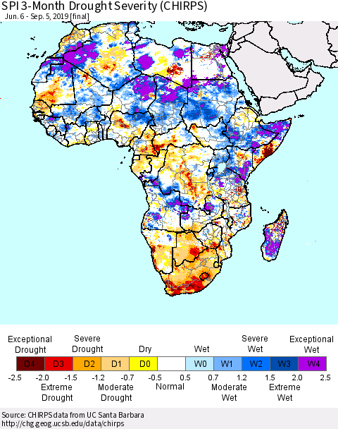 Africa SPI 3-Month Drought Severity (CHIRPS) Thematic Map For 6/6/2019 - 9/5/2019