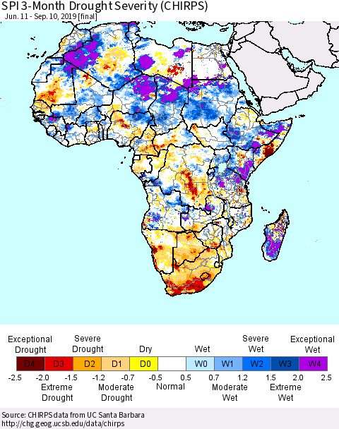 Africa SPI 3-Month Drought Severity (CHIRPS) Thematic Map For 6/11/2019 - 9/10/2019