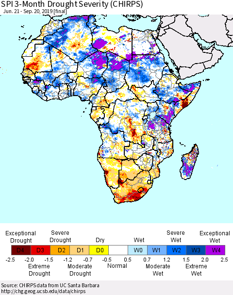 Africa SPI 3-Month Drought Severity (CHIRPS) Thematic Map For 6/21/2019 - 9/20/2019