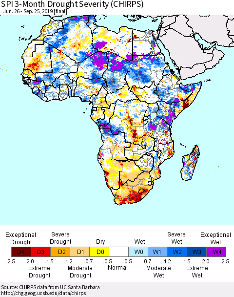 Africa SPI 3-Month Drought Severity (CHIRPS) Thematic Map For 6/26/2019 - 9/25/2019