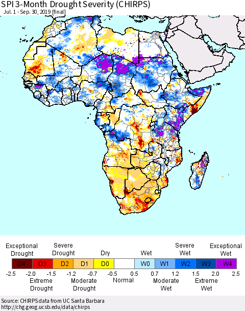 Africa SPI 3-Month Drought Severity (CHIRPS) Thematic Map For 7/1/2019 - 9/30/2019