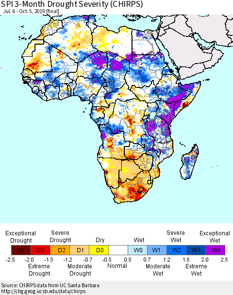 Africa SPI 3-Month Drought Severity (CHIRPS) Thematic Map For 7/6/2019 - 10/5/2019