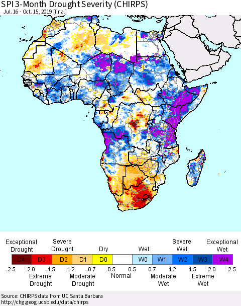 Africa SPI 3-Month Drought Severity (CHIRPS) Thematic Map For 7/16/2019 - 10/15/2019