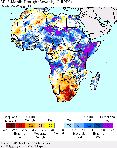 Africa SPI 3-Month Drought Severity (CHIRPS) Thematic Map For 7/21/2019 - 10/20/2019