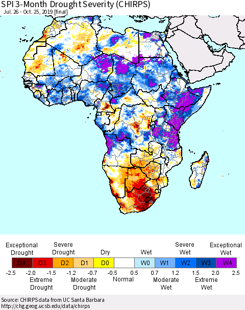 Africa SPI 3-Month Drought Severity (CHIRPS) Thematic Map For 7/26/2019 - 10/25/2019