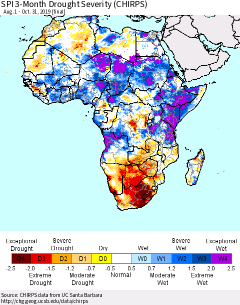 Africa SPI 3-Month Drought Severity (CHIRPS) Thematic Map For 8/1/2019 - 10/31/2019