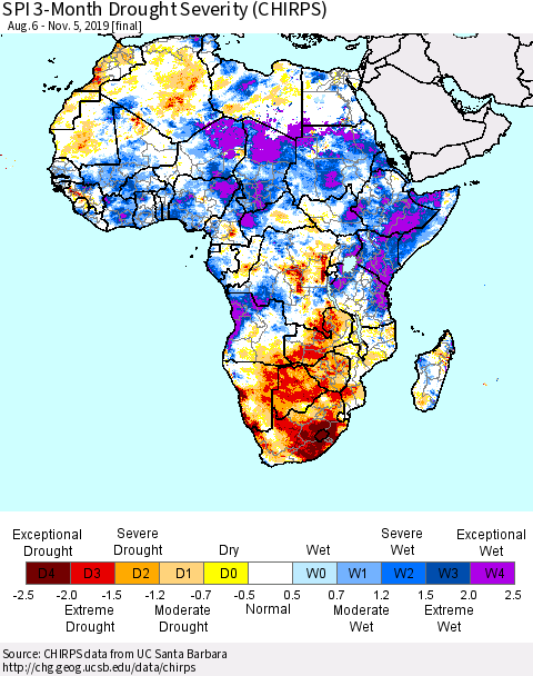 Africa SPI 3-Month Drought Severity (CHIRPS) Thematic Map For 8/6/2019 - 11/5/2019