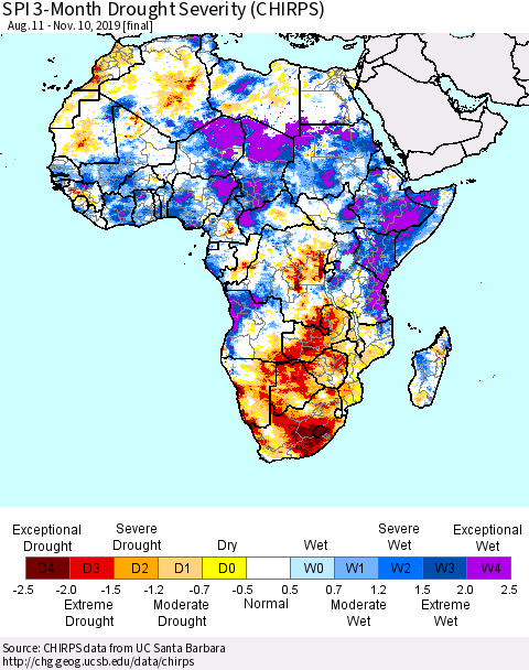 Africa SPI 3-Month Drought Severity (CHIRPS) Thematic Map For 8/11/2019 - 11/10/2019