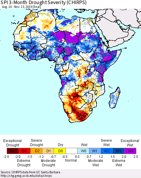Africa SPI 3-Month Drought Severity (CHIRPS) Thematic Map For 8/16/2019 - 11/15/2019