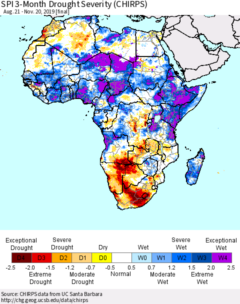 Africa SPI 3-Month Drought Severity (CHIRPS) Thematic Map For 8/21/2019 - 11/20/2019
