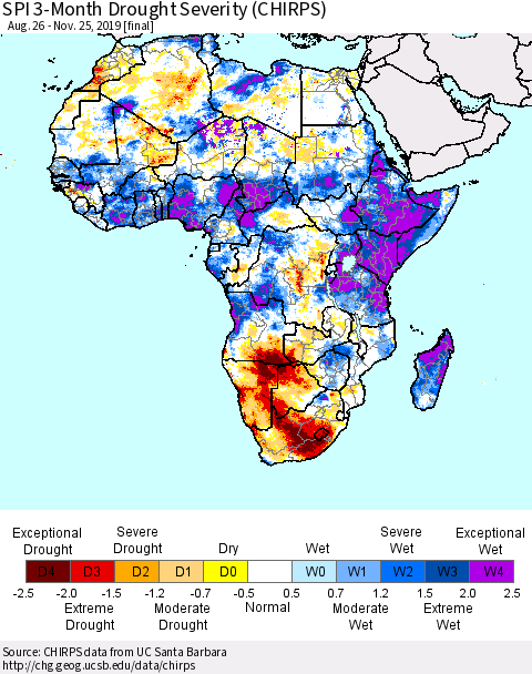 Africa SPI 3-Month Drought Severity (CHIRPS) Thematic Map For 8/26/2019 - 11/25/2019