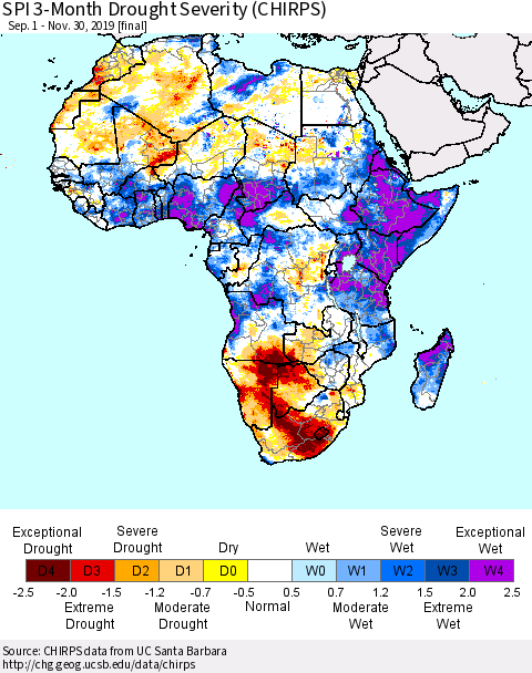 Africa SPI 3-Month Drought Severity (CHIRPS) Thematic Map For 9/1/2019 - 11/30/2019