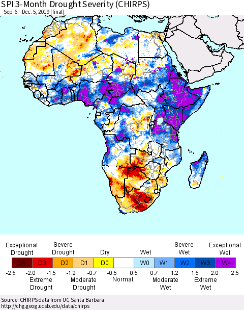 Africa SPI 3-Month Drought Severity (CHIRPS) Thematic Map For 9/6/2019 - 12/5/2019