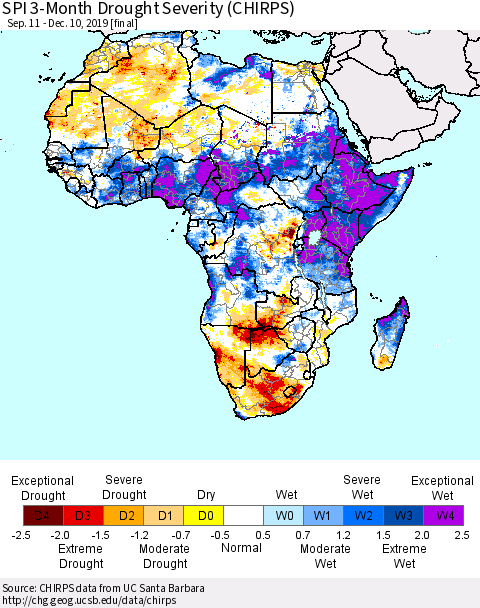 Africa SPI 3-Month Drought Severity (CHIRPS) Thematic Map For 9/11/2019 - 12/10/2019