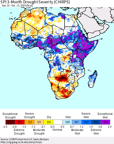 Africa SPI 3-Month Drought Severity (CHIRPS) Thematic Map For 9/16/2019 - 12/15/2019