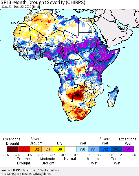 Africa SPI 3-Month Drought Severity (CHIRPS) Thematic Map For 9/21/2019 - 12/20/2019