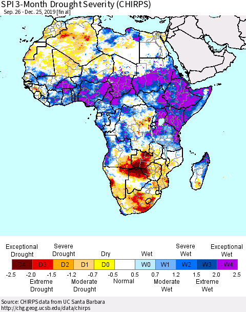Africa SPI 3-Month Drought Severity (CHIRPS) Thematic Map For 9/26/2019 - 12/25/2019