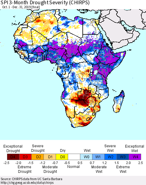 Africa SPI 3-Month Drought Severity (CHIRPS) Thematic Map For 10/1/2019 - 12/31/2019