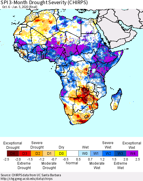 Africa SPI 3-Month Drought Severity (CHIRPS) Thematic Map For 10/6/2019 - 1/5/2020