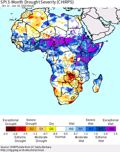 Africa SPI 3-Month Drought Severity (CHIRPS) Thematic Map For 10/11/2019 - 1/10/2020