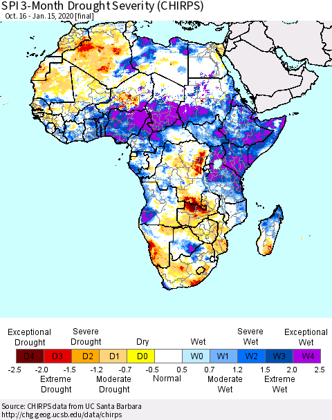 Africa SPI 3-Month Drought Severity (CHIRPS) Thematic Map For 10/16/2019 - 1/15/2020