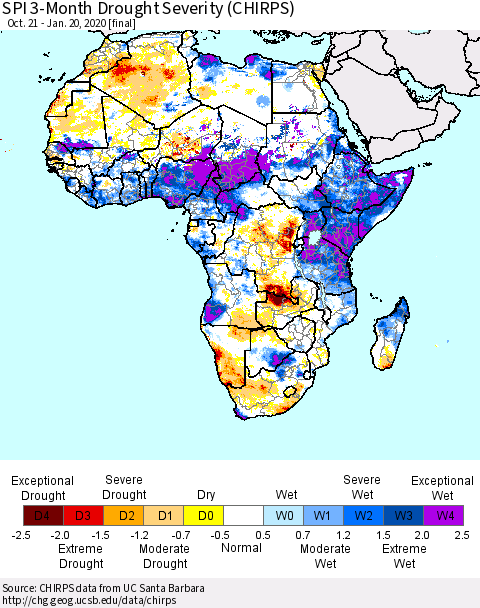 Africa SPI 3-Month Drought Severity (CHIRPS) Thematic Map For 10/21/2019 - 1/20/2020