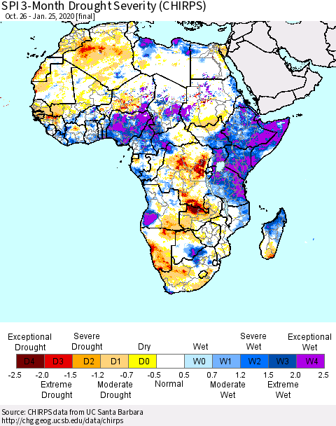 Africa SPI 3-Month Drought Severity (CHIRPS) Thematic Map For 10/26/2019 - 1/25/2020