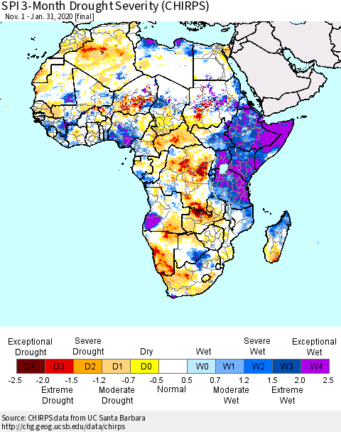 Africa SPI 3-Month Drought Severity (CHIRPS) Thematic Map For 11/1/2019 - 1/31/2020