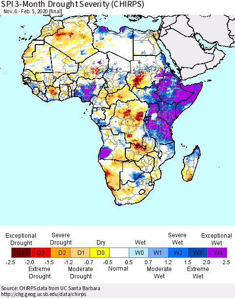 Africa SPI 3-Month Drought Severity (CHIRPS) Thematic Map For 11/6/2019 - 2/5/2020
