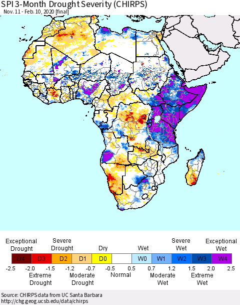 Africa SPI 3-Month Drought Severity (CHIRPS) Thematic Map For 11/11/2019 - 2/10/2020