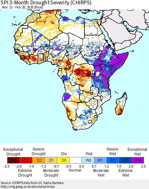 Africa SPI 3-Month Drought Severity (CHIRPS) Thematic Map For 11/21/2019 - 2/20/2020