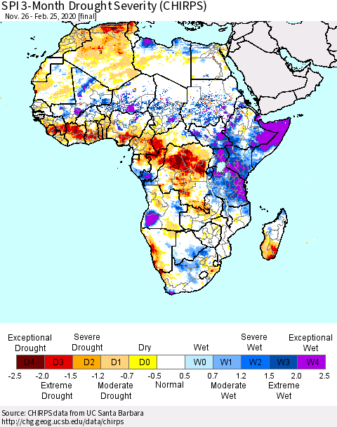 Africa SPI 3-Month Drought Severity (CHIRPS) Thematic Map For 11/26/2019 - 2/25/2020