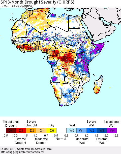 Africa SPI 3-Month Drought Severity (CHIRPS) Thematic Map For 12/1/2019 - 2/29/2020