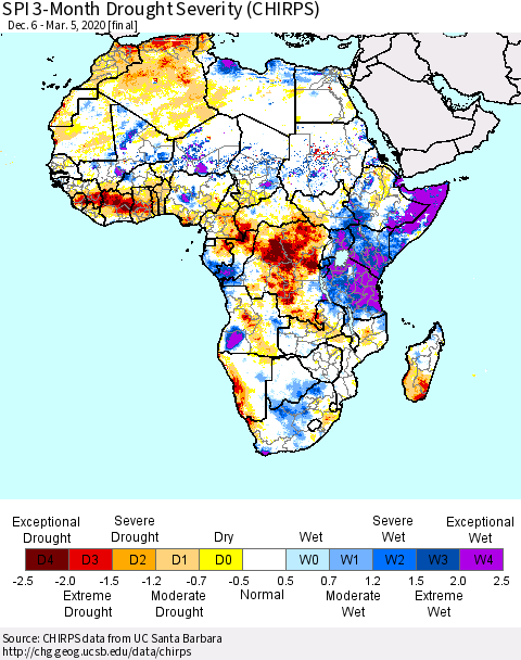 Africa SPI 3-Month Drought Severity (CHIRPS) Thematic Map For 12/6/2019 - 3/5/2020