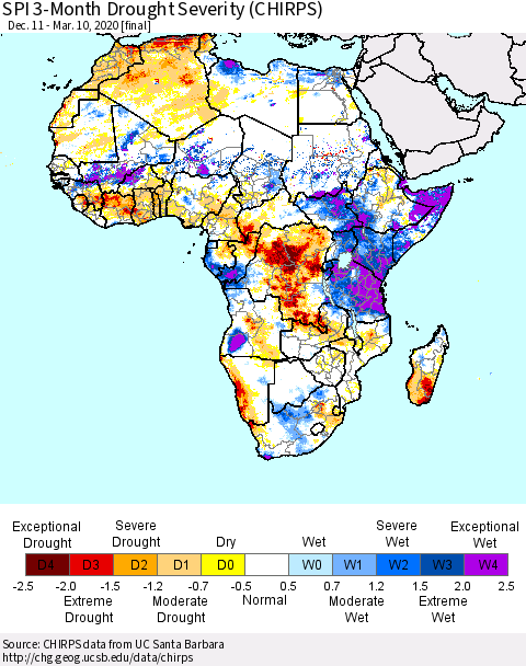 Africa SPI 3-Month Drought Severity (CHIRPS) Thematic Map For 12/11/2019 - 3/10/2020